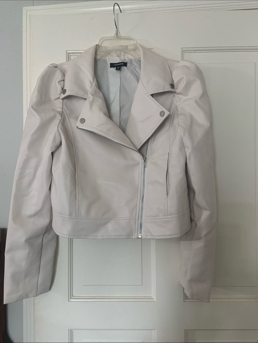 mittoshop Cream Faux Leather Puff-Sleeve Moto Jacket